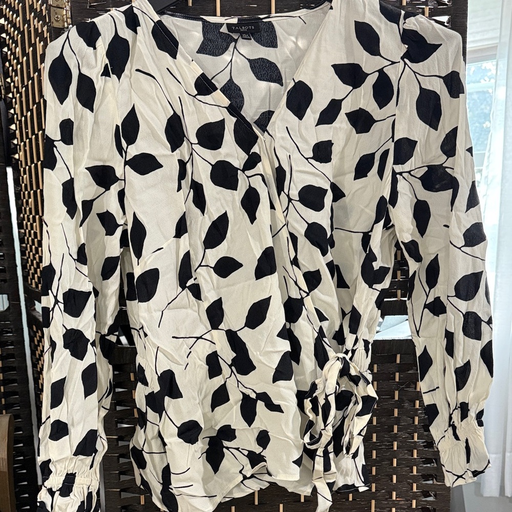 Talbots Black and White Leaf Print Blouse